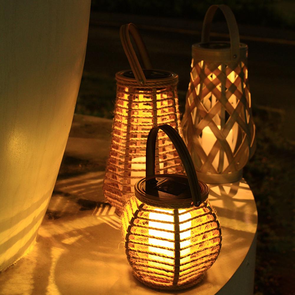 Outdoor Solar Light Solar Rattan Lantern Hanging Bamboo Lamp with Handle Solar Powered Decorative Candle Light Garden Decoration