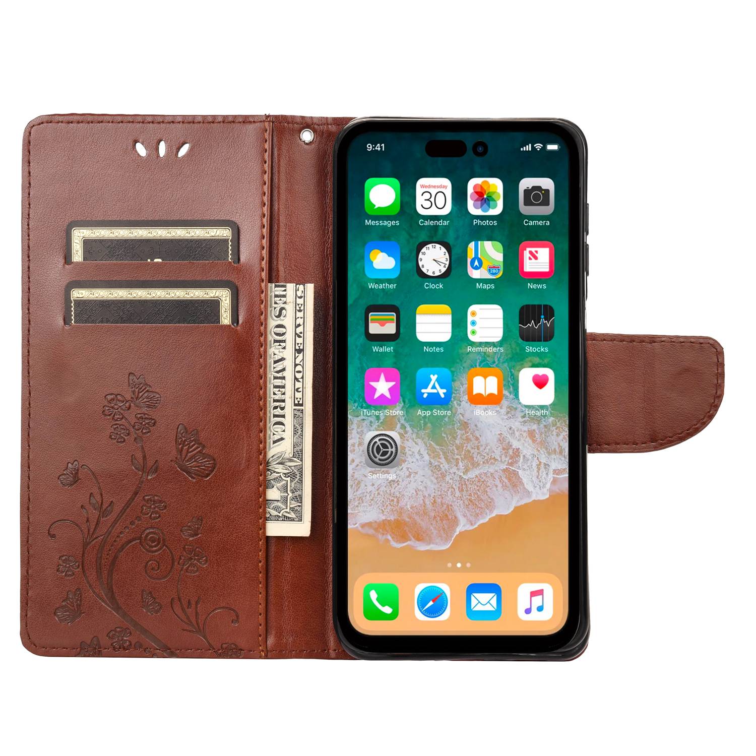 

For iPhone 14 Pro Max 6.7 inch Imprinted Butterflies Flower Leather Mobile Phone Case Wallet Stand Phone Cover Bag Brown
