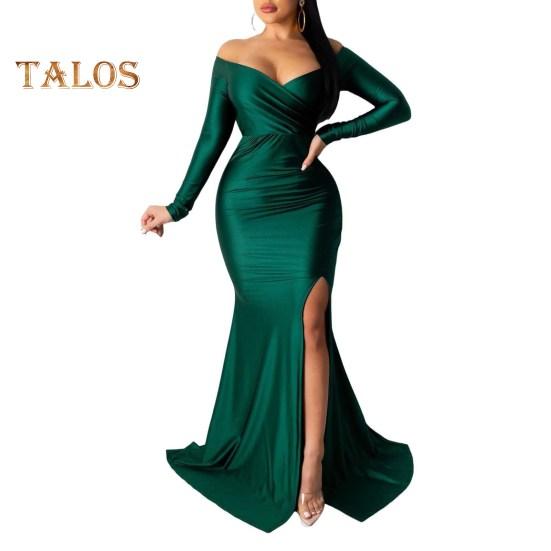 Lady Evening Dress V Neck Off Shoulder Side Slit Floor Length Long Sleeves Pleated Slim Fit Maxi Dress Ball Gown Banquet Party Dress