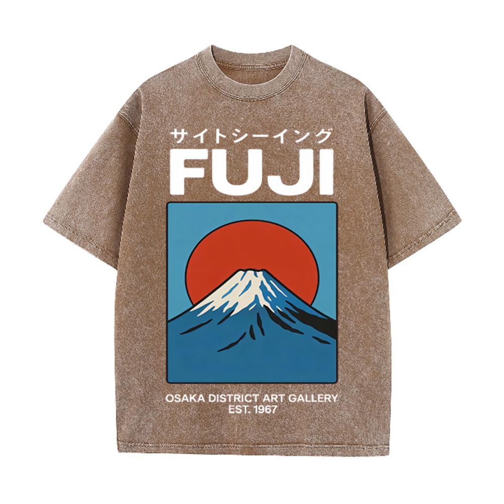 2026 Vintage Washed Black Fuji Mountain Graphic T Shirt Japanese Retro Sunrise Landscape Print Oversized Casual Short Sleeve Tee