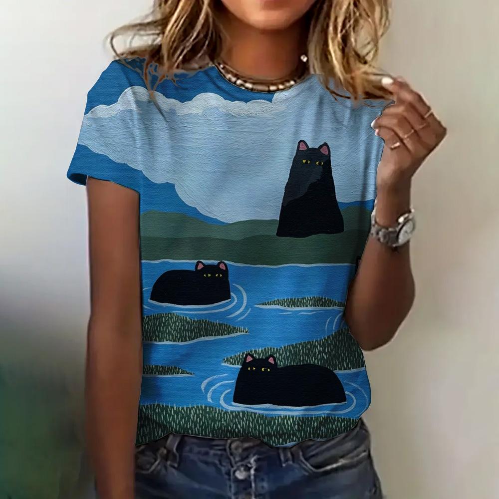 Abbigliamento Donna Stampa Gatto Anime Girocollo Manica Corta Estivo Ampio Casual Top Appuntamento Elegante