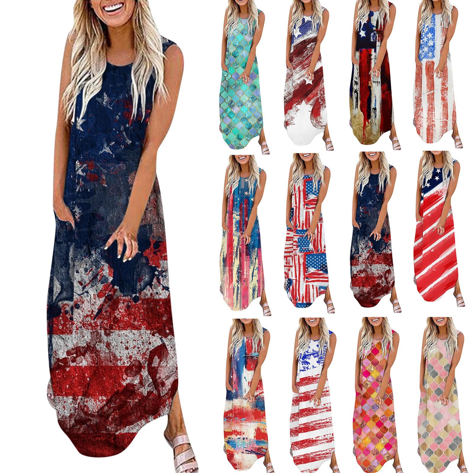 

Женское повседневное свободное длинное платье с карманом и принтом на День независимости, платья без рукавов