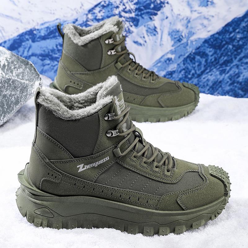 Men's Winter High-Top Snow Boots with Fleece Lining Thickened Non-Slip Warm Fur and Cold-Resistant Cotton Hiking Shoes Sneakers