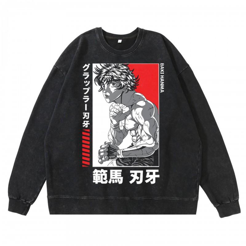 Heavyweight 360g Washed Vintage Baki Hanma Anime Graphic Hoodie-Free Cotton Sweatshirt Men