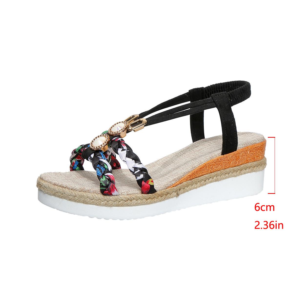 

New foreign trade large size platform sandals women s one-word buckle with transparent gem hemp woven European and American beach sandals women 36 чёрный