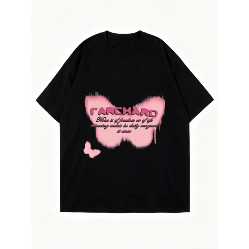 Oversized T Shirt Black Pink Butterfly Print With Farshard Text Graphic Casual Streetwear Fashion For Women Summer Outfit