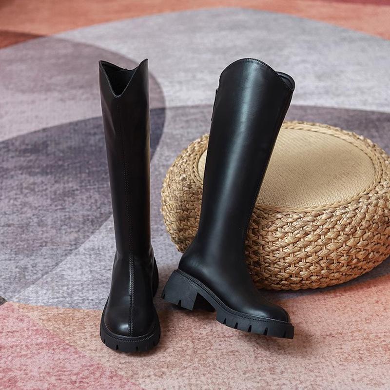 

But knee-thin long boots thick-soled 2025 new single boots flat-bottomed tall women s spring and autumn long boots retro British style 35