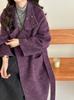 Purple Alpaca Double-Sided Cashmere Coat, Stand Collar, Knee-Length, Tie-Waist, Loose Fit, Korean Style for Autumn/Winter 2025.