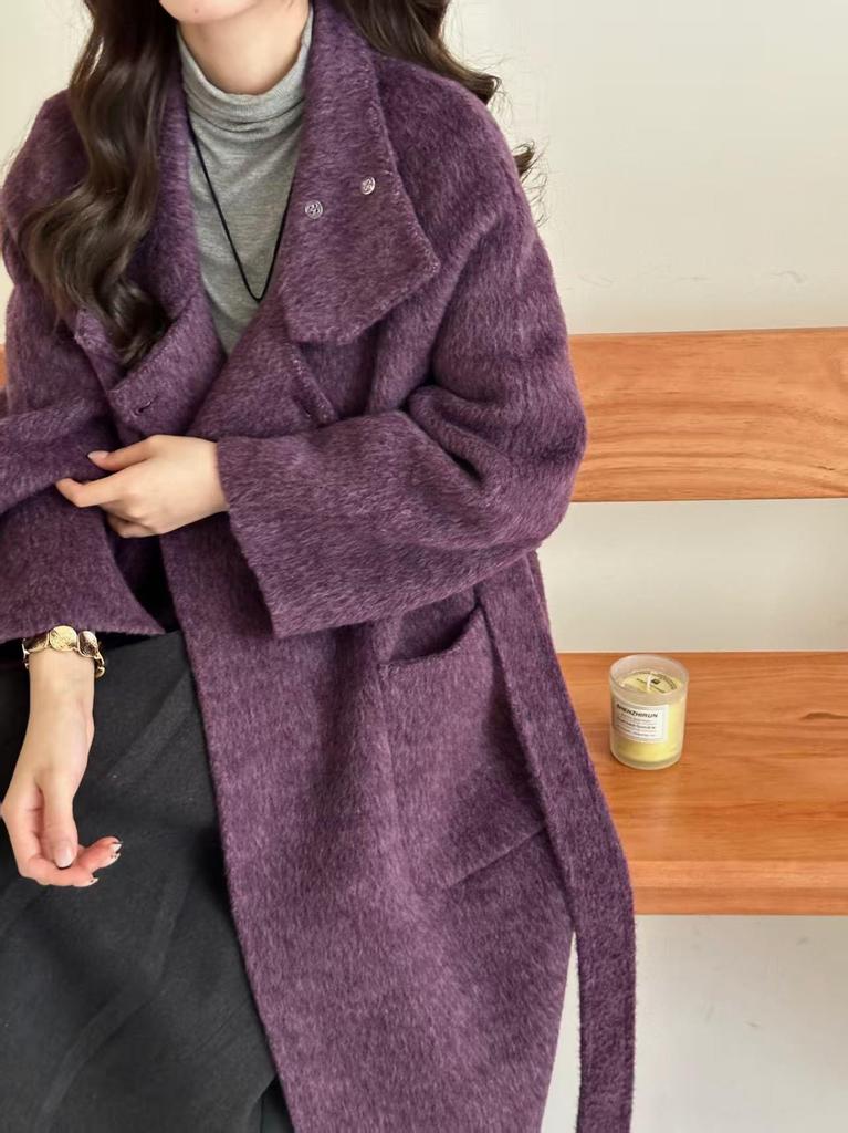 Purple Alpaca Double-Sided Cashmere Coat, Stand Collar, Knee-Length, Tie-Waist, Loose Fit, Korean Style for Autumn/Winter 2025.