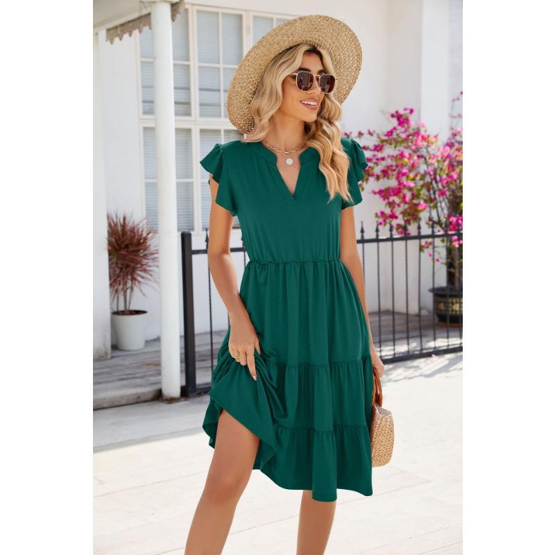 Damenmode Sommer Frühling Einfarbig Druck Kurzarm V-Ausschnitt Lose Taille Freizeitkleider