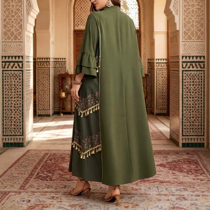 Women Plus Size Printed Ethnic Tassel Bell Sleeve Loose Olive Green Long Dress