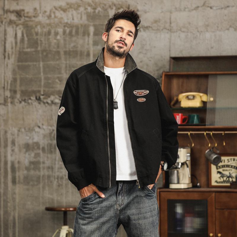 Autumn Retro Men's Wear-resistant Tactical Tooling Top Lapel Contrasting Zipper Flight Jacket