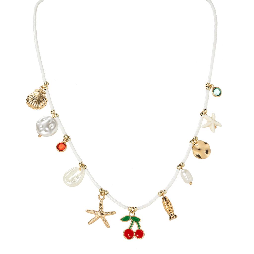 Sweet and Cute Cherry Chili Pendant Necklace Beach Wind Alloy Starfish Shell Tassel Rice Bead Necklace