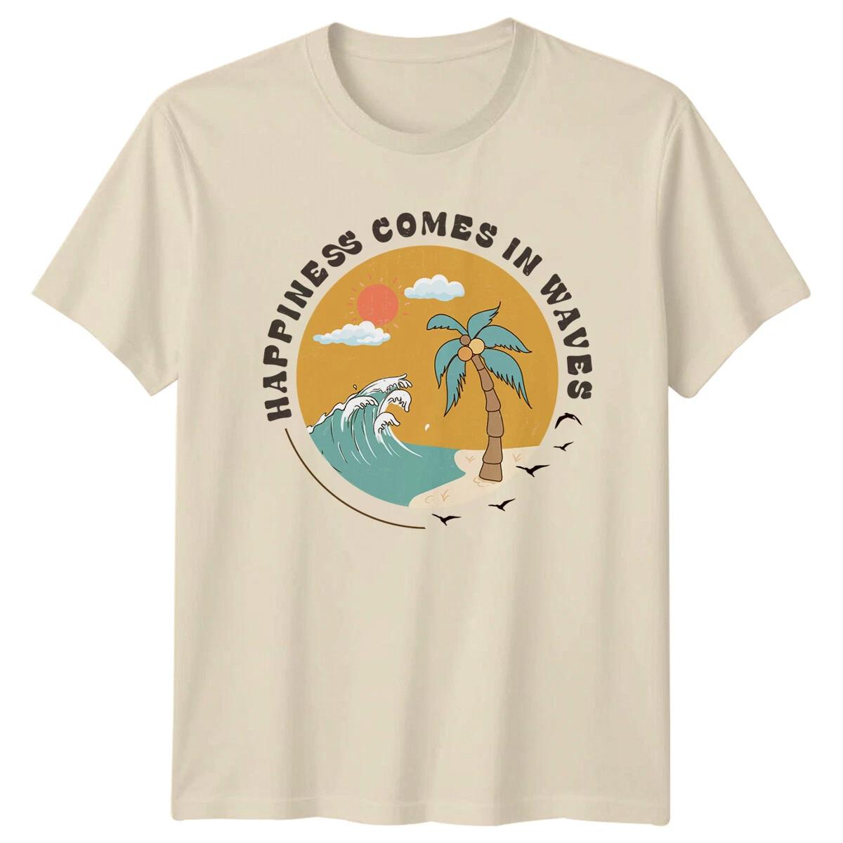 Happiness Comes In Waves Beach Summer Graphic T-Shirt XXXXL