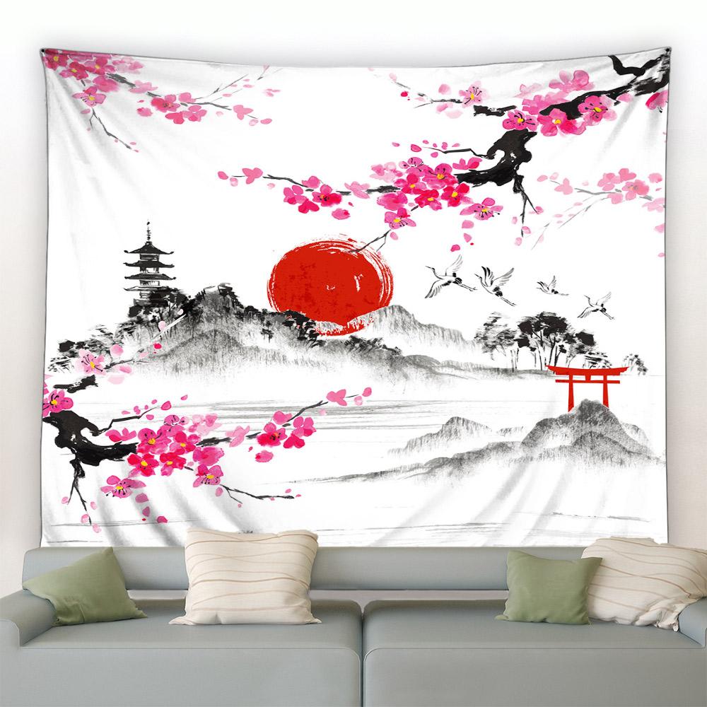 3D Chinese Ink Bamboo Tapestry Birds Red Flowers Mountain Water Natural Landscape Tapestries Dorm Living Room Wall Hanging Black