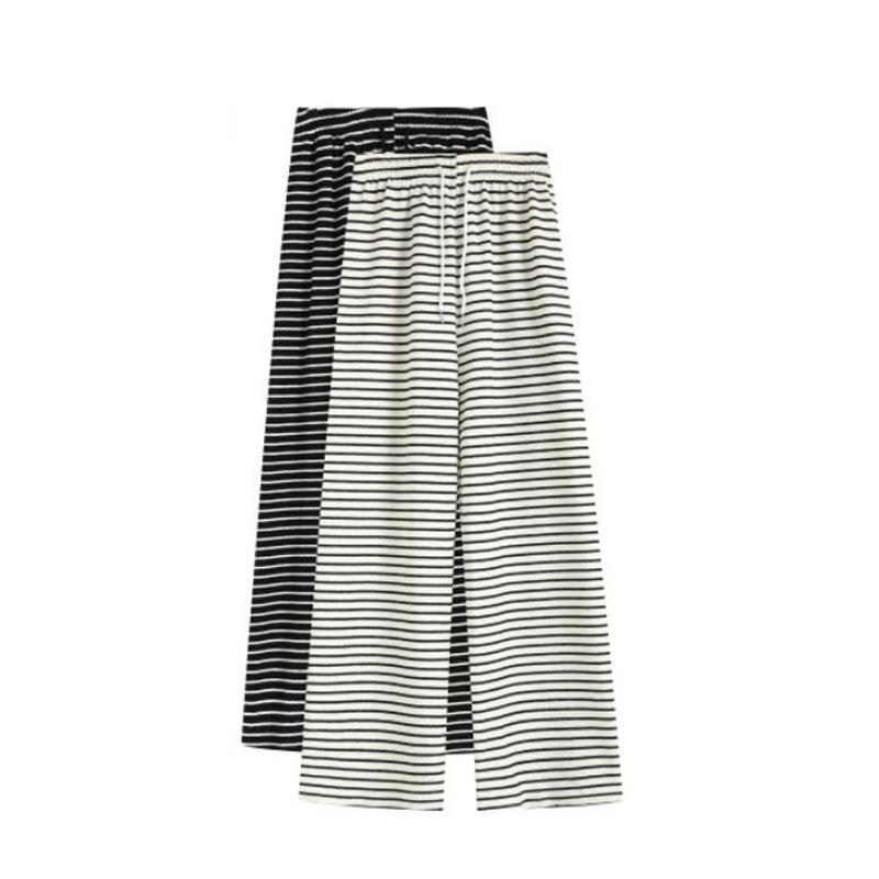Black and White Striped Drape Casual Pants Women's Autumn Straight Trousers Lazy Wind Elastic Waist Loose Wide Leg Towel Pants