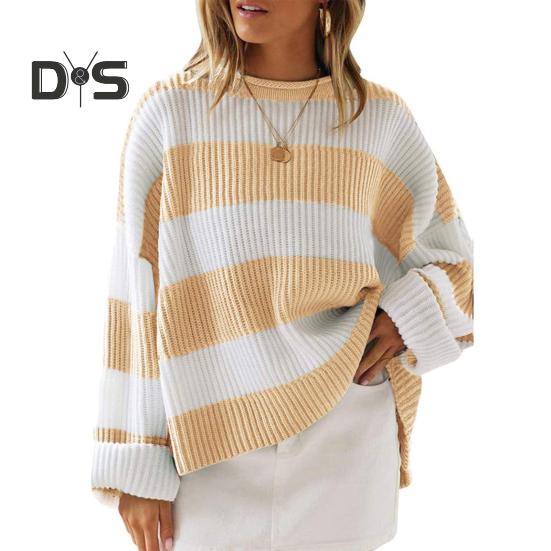 Women Pullover Sweater Wide Striped Color Block Crew Neck Long Sleeve Ribbed Cuffs Oversized Sweater Casual Knitwear