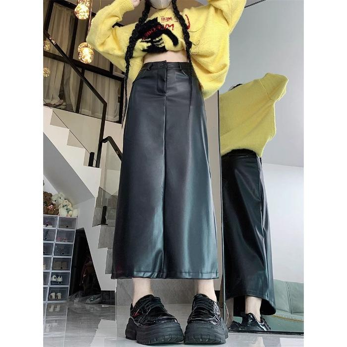 

Retro pu leather skirt skirt women s large size fat mm autumn and winter new hip skirt high waist and thin meat-covering split skirt S