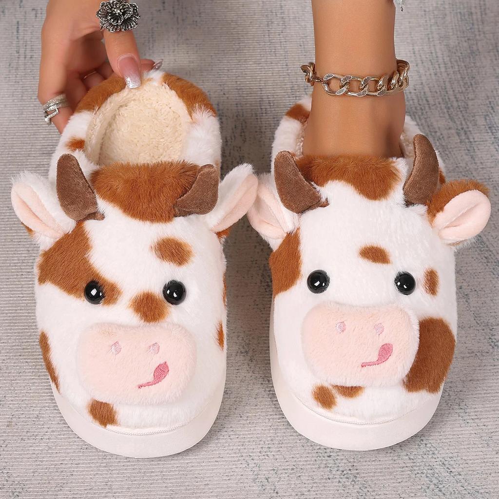 Unisex Cartoon Cow Warm Plush Slippers 2025 New Couple Indoor Non-slip House Slippers Men Women Home Cotton Shoes Slides Women