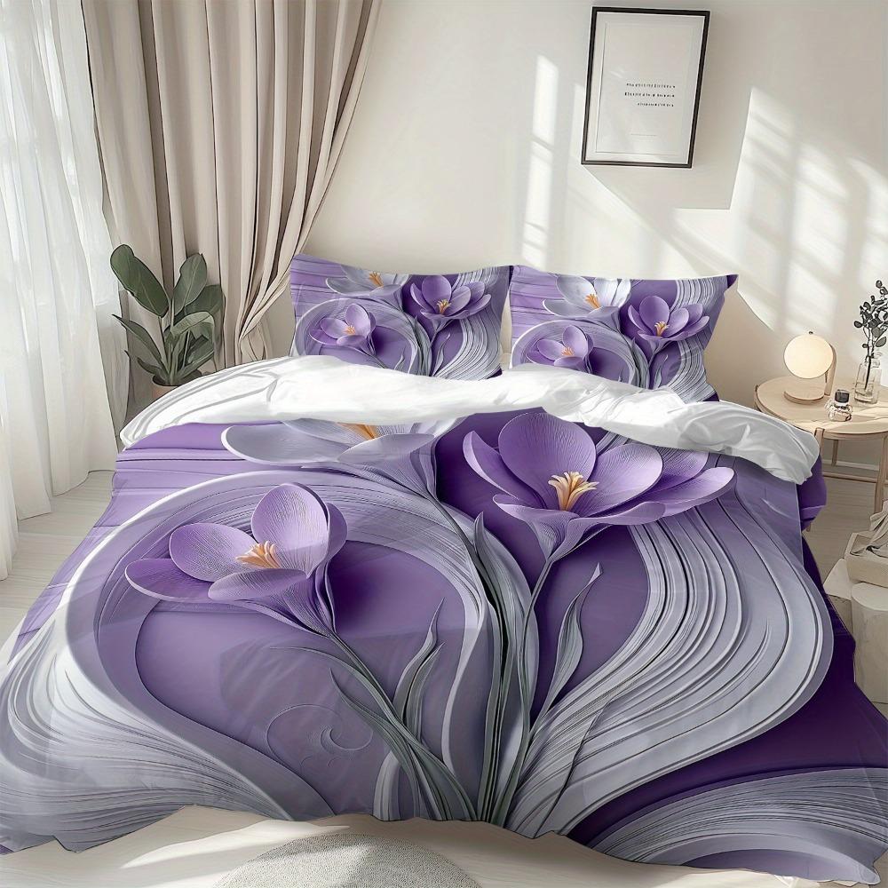 3pcs Bedding Set Purple Flowers 3D Printed Cozy Soft Duvet Cover King Queen Twin Size Birthday Gift for Adult Home Bedroom Decor