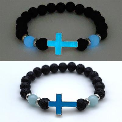 Men'S Bracelet Natural Stone Retro Bangle Luminous Jewelry Accessories Bracelet Cross Natural Volcanic Stone  Accessories