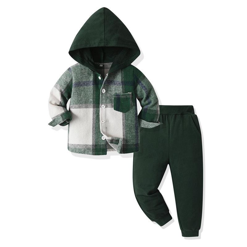 Children's Single-breasted Hooded Long-sleeved Plaid Top and Casual Pants Two-piece Set Spring
