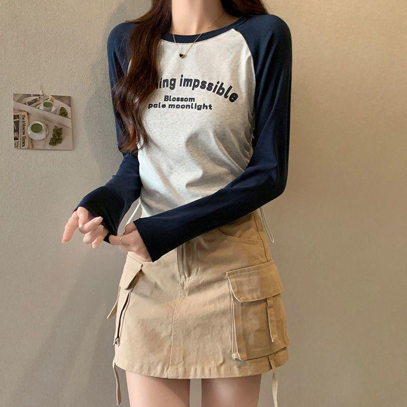 Plus Size Spring/Autumn Slim-fit Long Sleeve Drawstring Cropped Top for Women, Round Neck Base Layer T-shirt, 2025 New Collection.