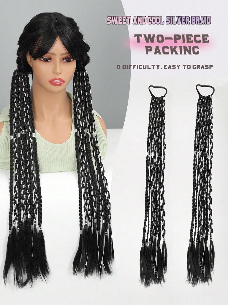 Synthetic Wig Ponytail Boxing Braid with Silver Wire Wrap Dreadlocks