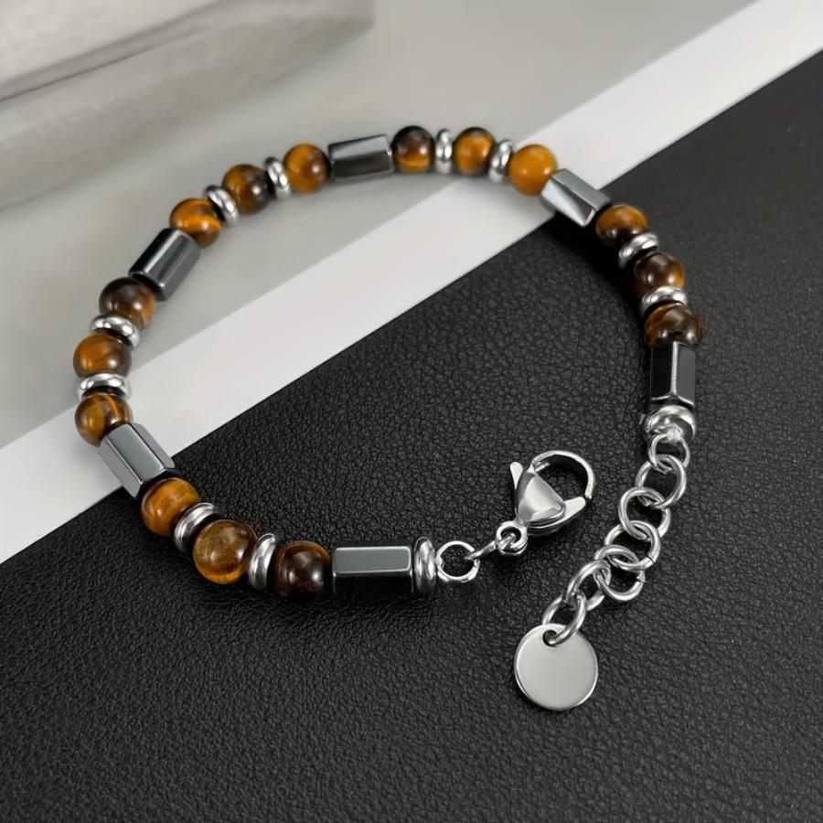Bohemian Style Men's Stainless Steel Bracelet with Natural Tiger Eye Stone Beads - Fashionable Geometric Design Accessory