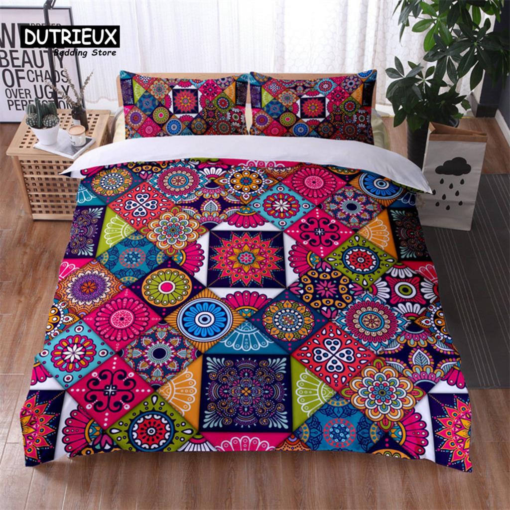 Bohemian Geometric Pattern Bedding Set Dragonfly Chic Mandala Floral Duvet Cover With Pillowcases For Kids Adults Bedroom Decor