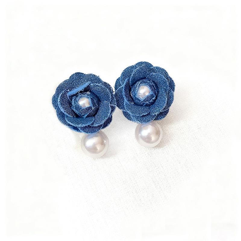 Pearl and Denim Flower Earrings for Women - Elegant and Versatile Studs