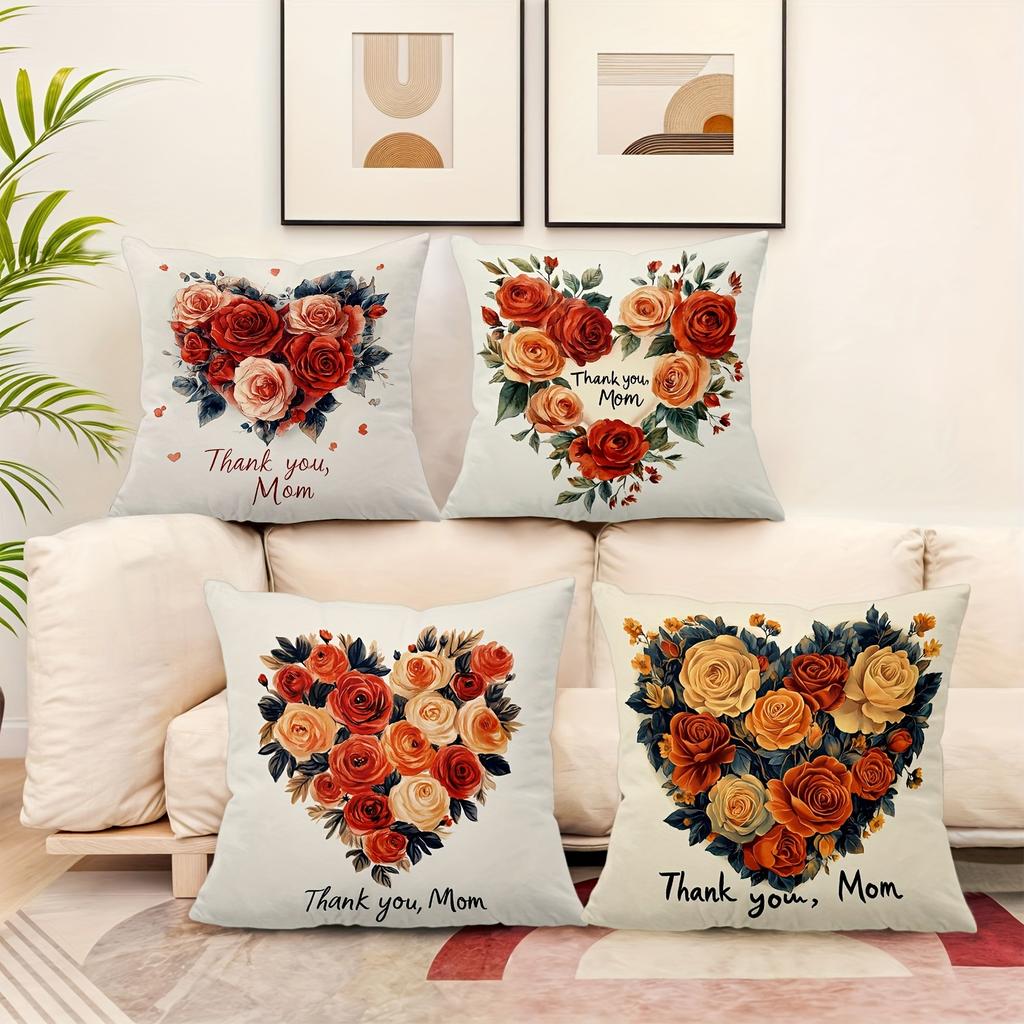 4pcs Happy Mother's Day Decorative Pillowcase Set, 18x18 Inch Floral Heart Cushion Covers for Sweet Home Decor, Gift for Mom, for Porch Patio Sofa