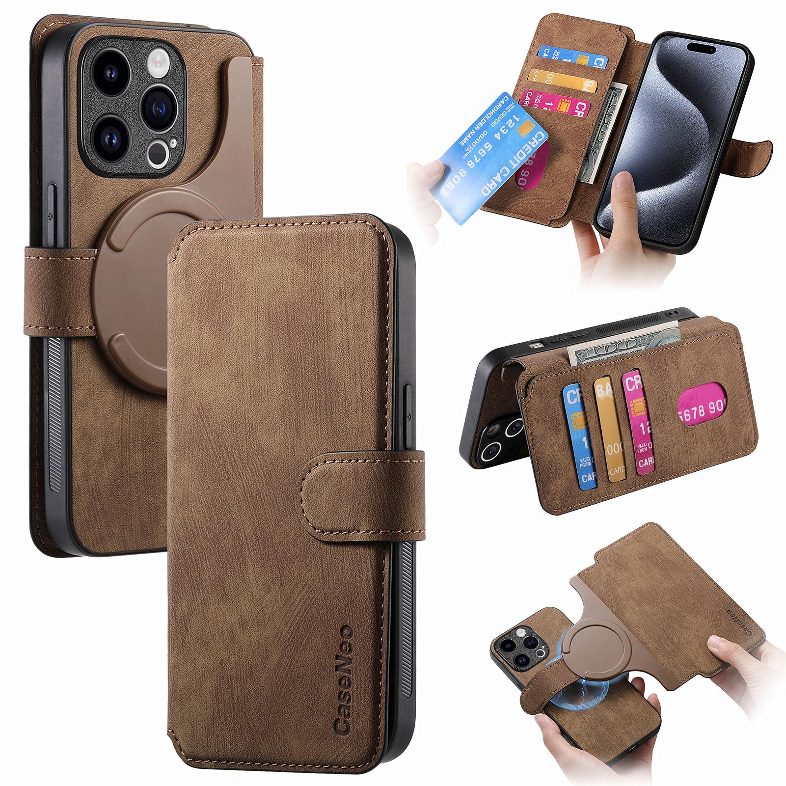 

For iPhone 15 Pro Max Magnetic Case CASENEO Detachable Leather Phone Wallet Cover Brown