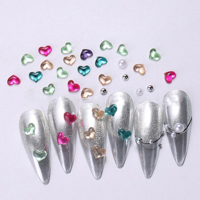 12 Grids 3D Colored Heart Shape Nail Art Charms Transparent Love Heart Resin Stones Jewelry Pearl Decor Manicure