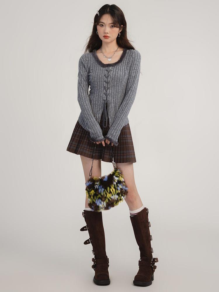 Bandáž Stahovací šňůrka Pletený Cardigan Ženy Podzim Zima Vintage Split Cardigans Korejská móda Y2k Svetry Spodní část Košile Top