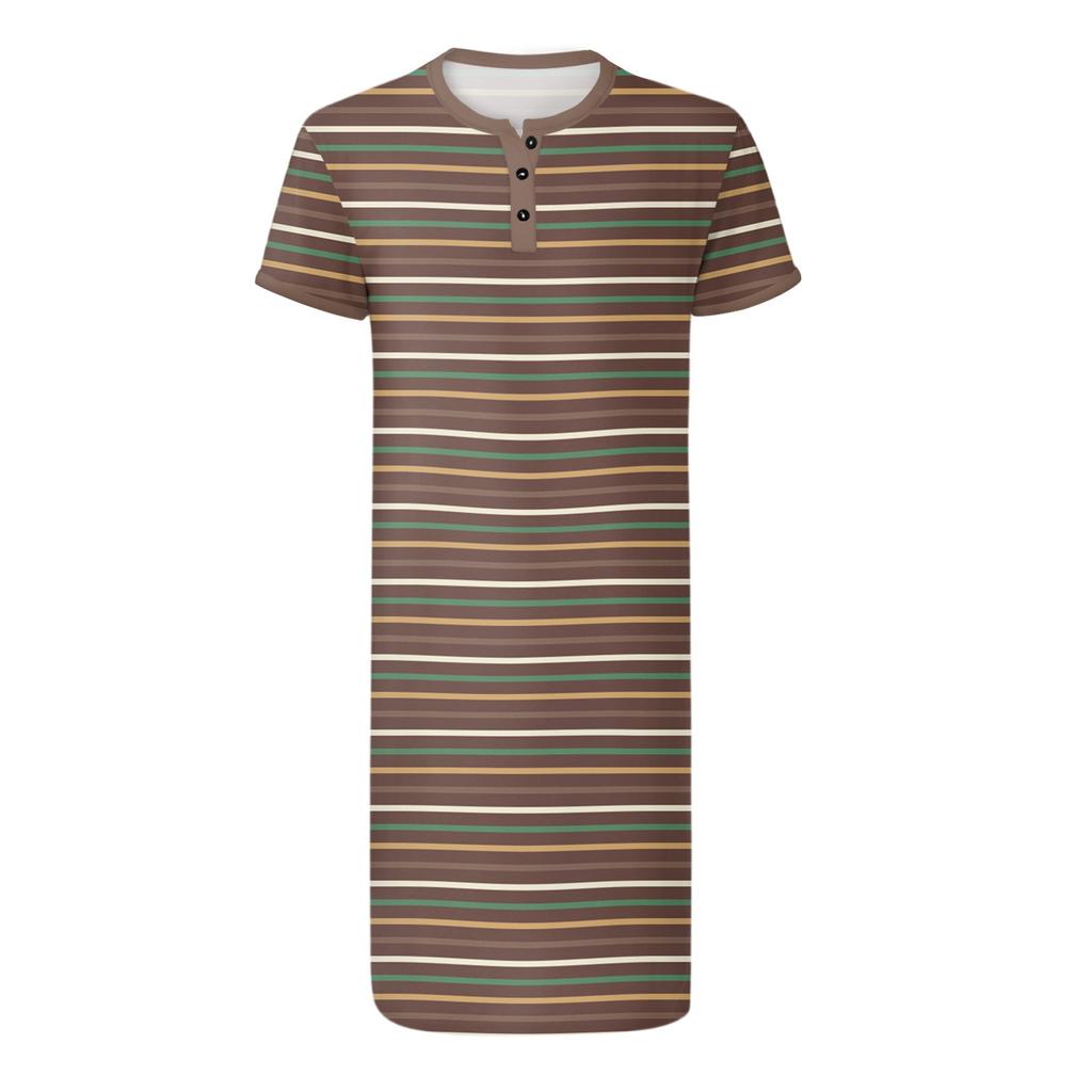 Men's Fashion Printed Cotton Short Sleeve Pajamas Button Collar Long Loose Home Clothes