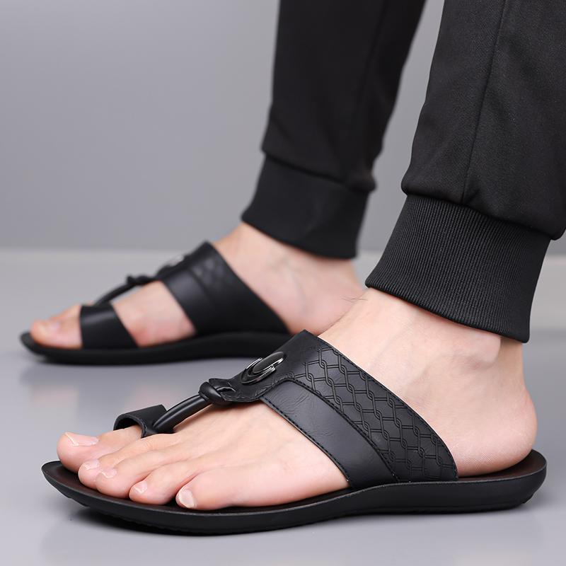 Men Black Leather Slippers Simple Flats Summer White Flip Flops Outdoor Sandals Open Toe Beach Shoes Plus Size