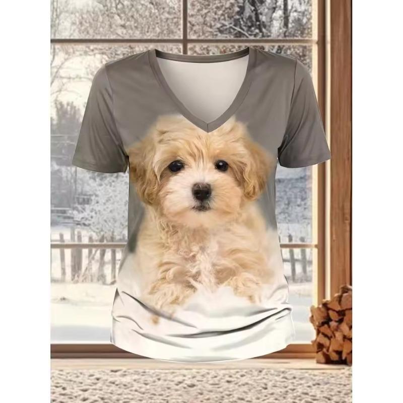 Women's T-Shirt Kawaii Cat Graphic Fashion Short Sleeved V-Neck Regular Tops Daily 3D Print Tee Summer Spring Casual Tops