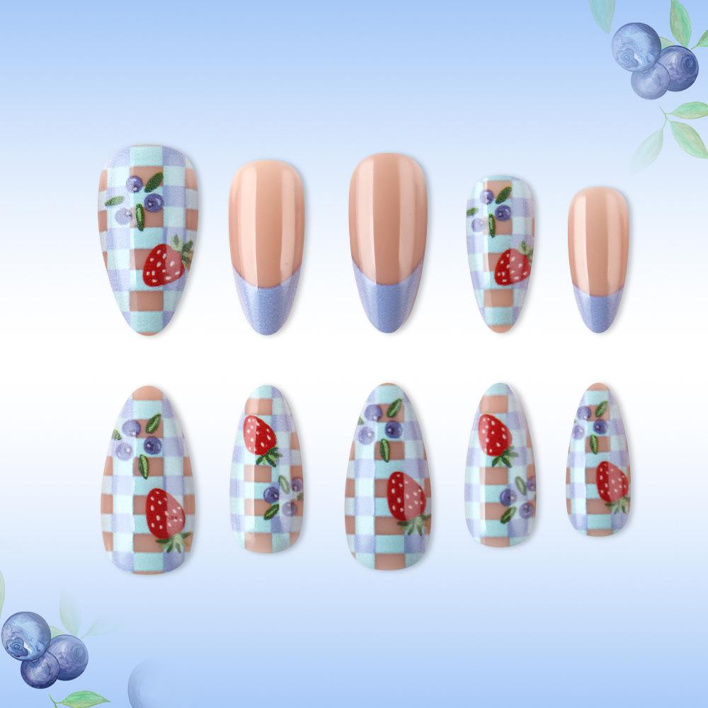 Blueberry & Strawberry French Manicure: 24-Piece Detachable Water Drop False Nails for Spring & Summer