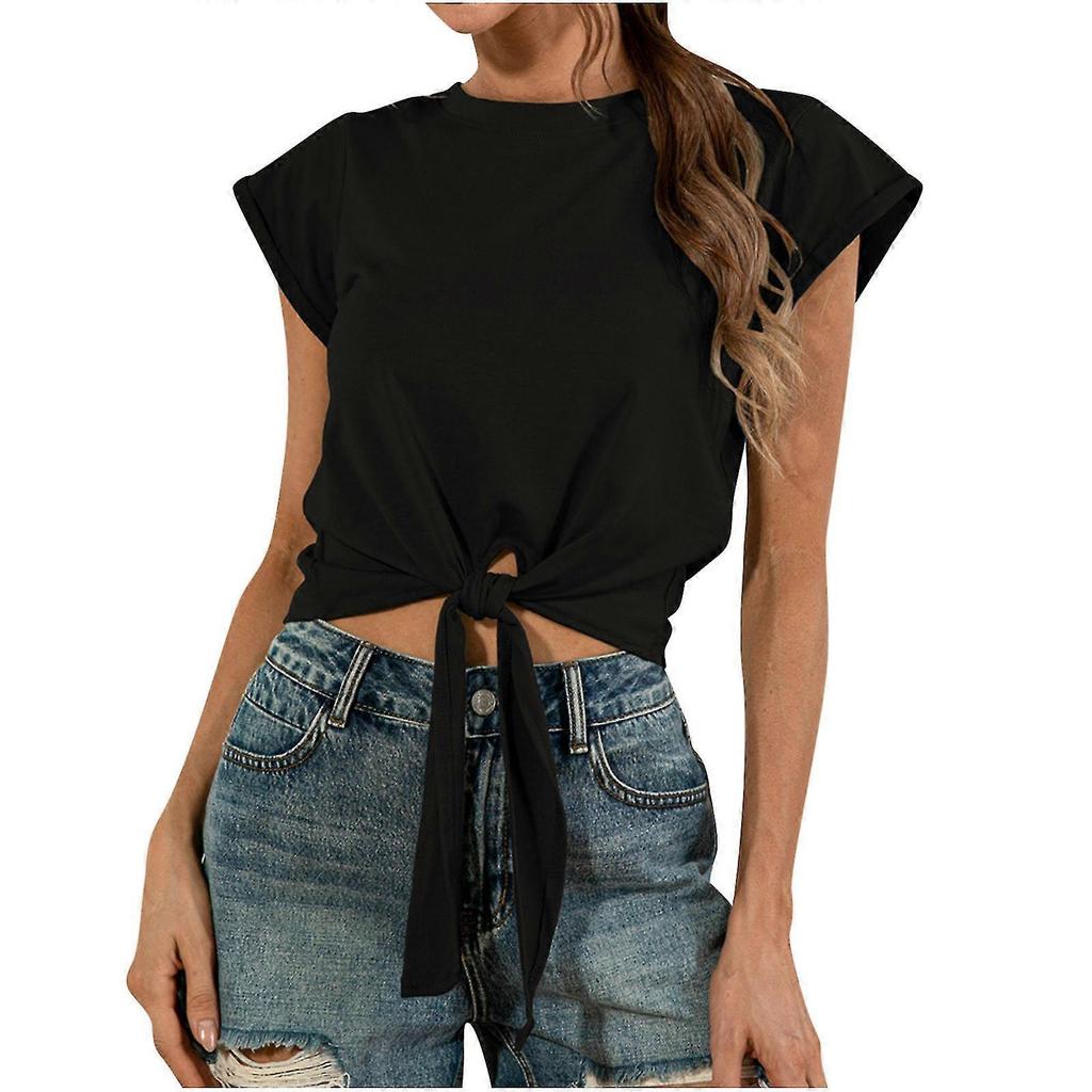 Casual Women'S Short Sleeve Solid Round Neck Tops Ladies Blouse Lace Up Vest