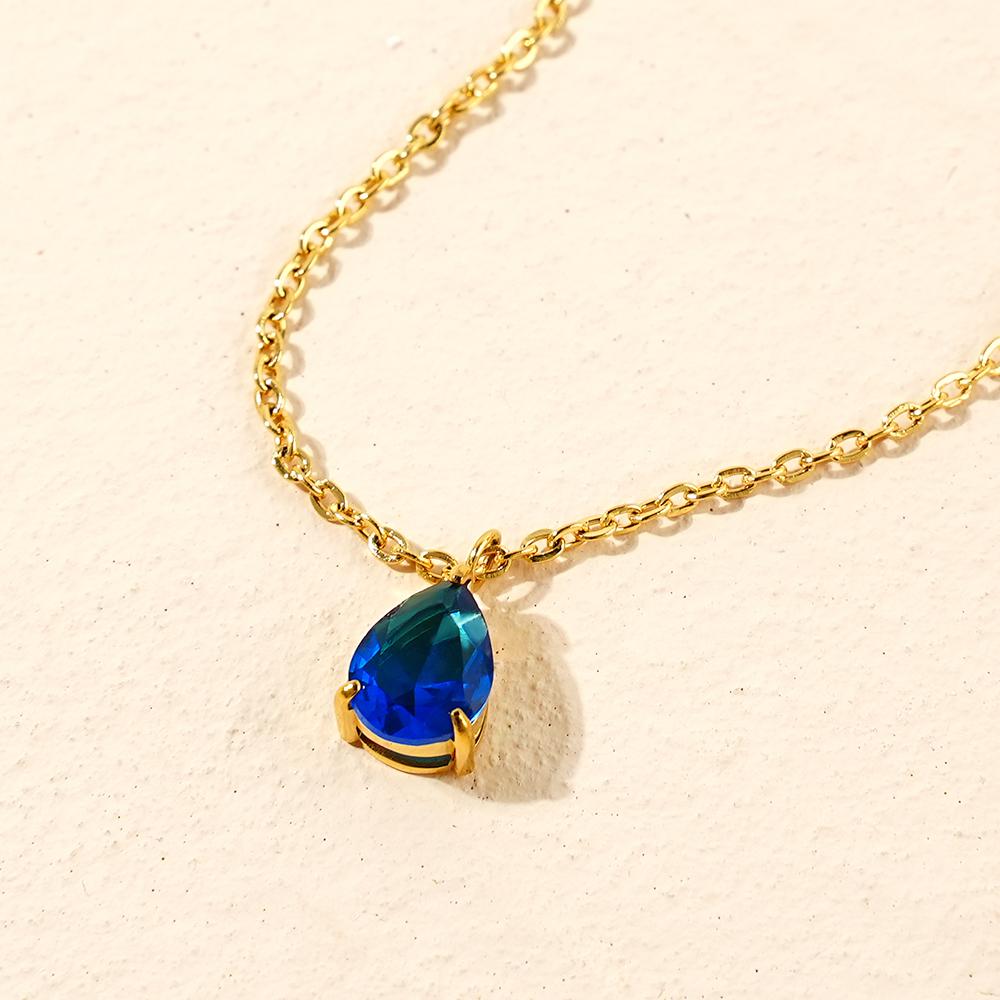 Dainty Birth Stone Jewelry Gift 18k Gold Plated Stainless Steel Zircon Water Drop Teardrop Pendant Birthstone Necklace for Women