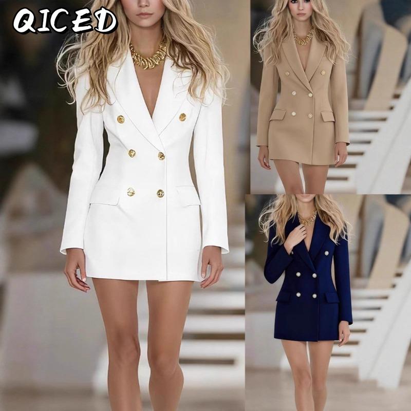 QICED Women's Fashion Autumn Winter Solid Color Print Long Sleeve V-Neck Casual Dresses