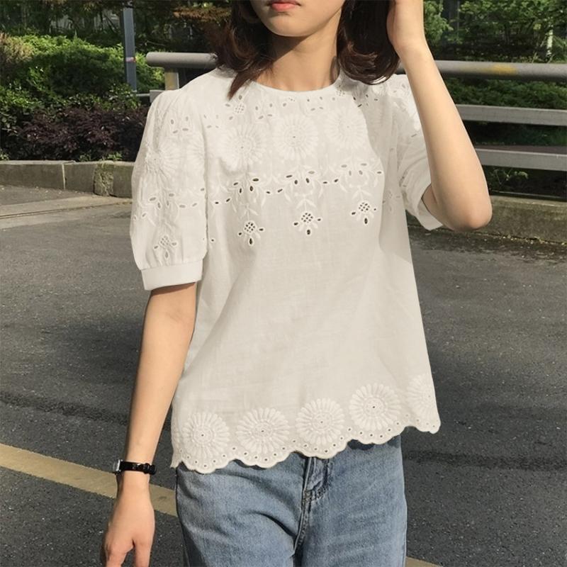 

ZANZEA Женская повседневная блузка с круглым вырезом, короткими рукавами и вышивкой из кружева 4XL абрикосовый