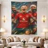 Manchester United players in red Snapdragon jerseys roar as a trio under stadium lights, bold fan art, rich painterly shading, Wall Hanging
