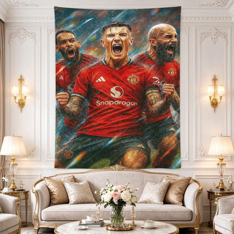 Manchester United players in red Snapdragon jerseys roar as a trio under stadium lights, bold fan art, rich painterly shading, Wall Hanging