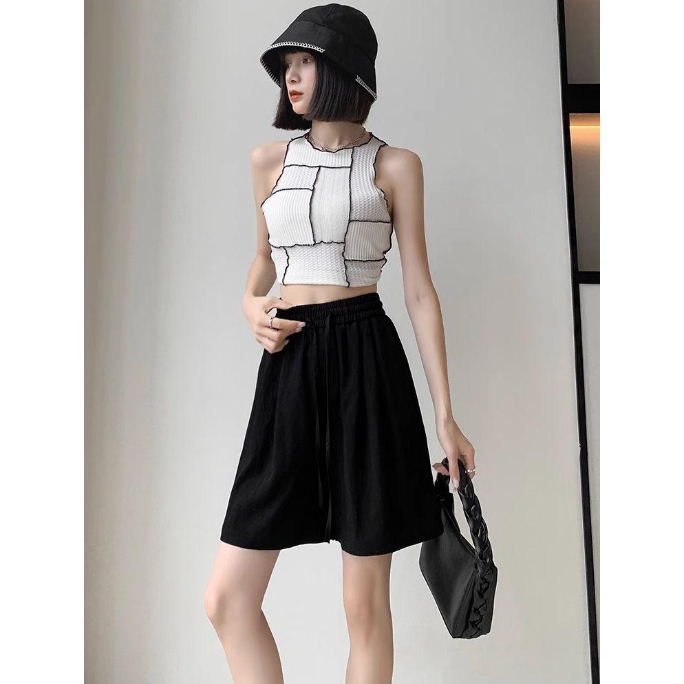 Muscle Sense Shorts, Women's Summer Thin Elastic Waist Loose Straight Pleated Cool Pants, Thin Wide Leg Five Pants