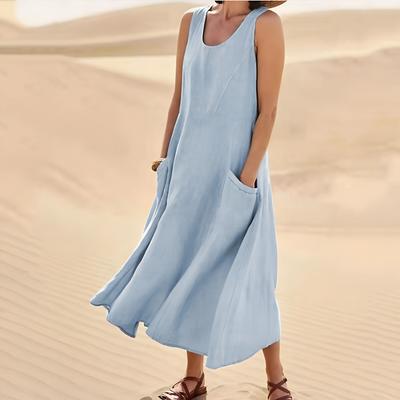 Γυναικεία Casual Summer Plus Size Βαμβακερά Φορέματα Απλό Φαρδύ Αμάνικο Μακρύ Φόρεμα με στρογγυλή λαιμόκοψη
