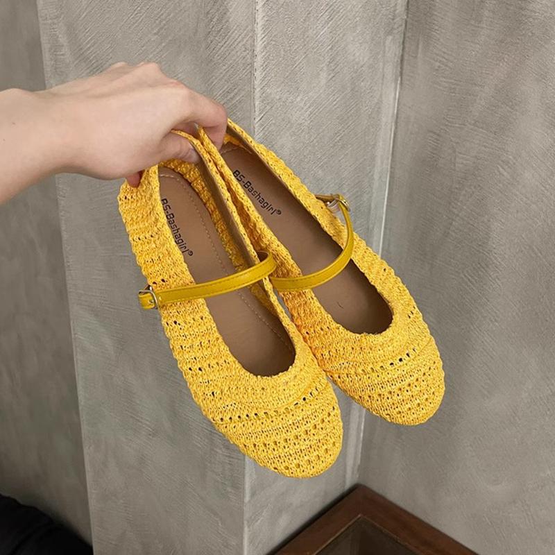 

Fashion SUOJIALUN 2025 Summer New Women Slipper Fashion Weave Straw Weave Ladies Casual Mary Jane Ballet Flats Soft Dress Single Shoes 39 жёлтый