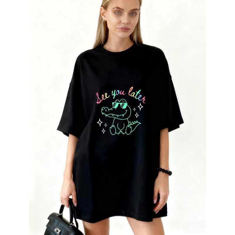 

Oversized T Shirt Black See You Later Crocodile With Sunglasses And Sparkles Print Casual Streetwear For Women XXXXL