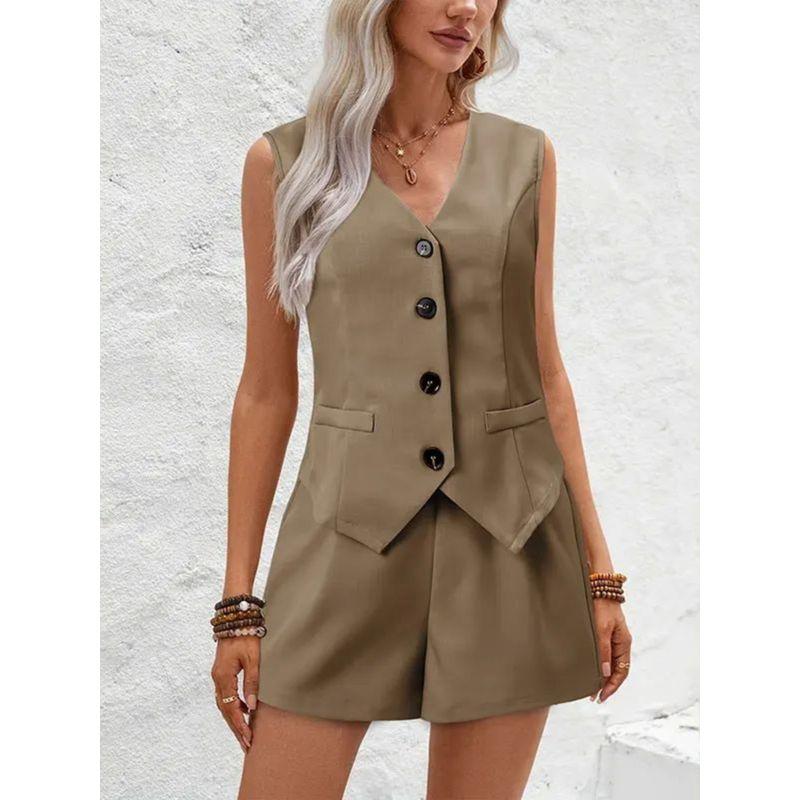 V-neck Button Vest Casual Shorts SETV Collar Button Vest Casual Shorts Suit